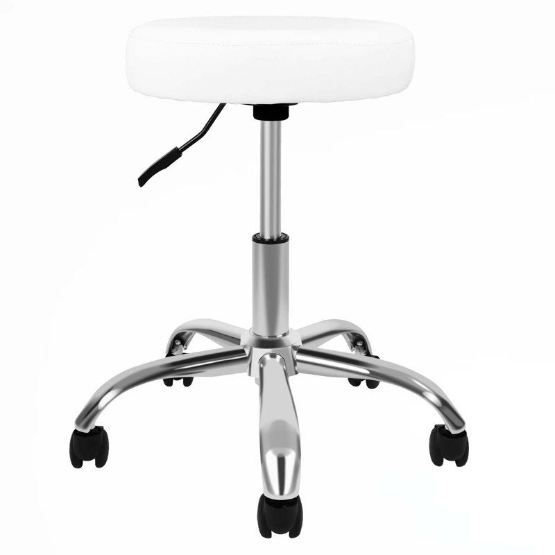 Round Stool Chair With Wheels Height Adjustable, White