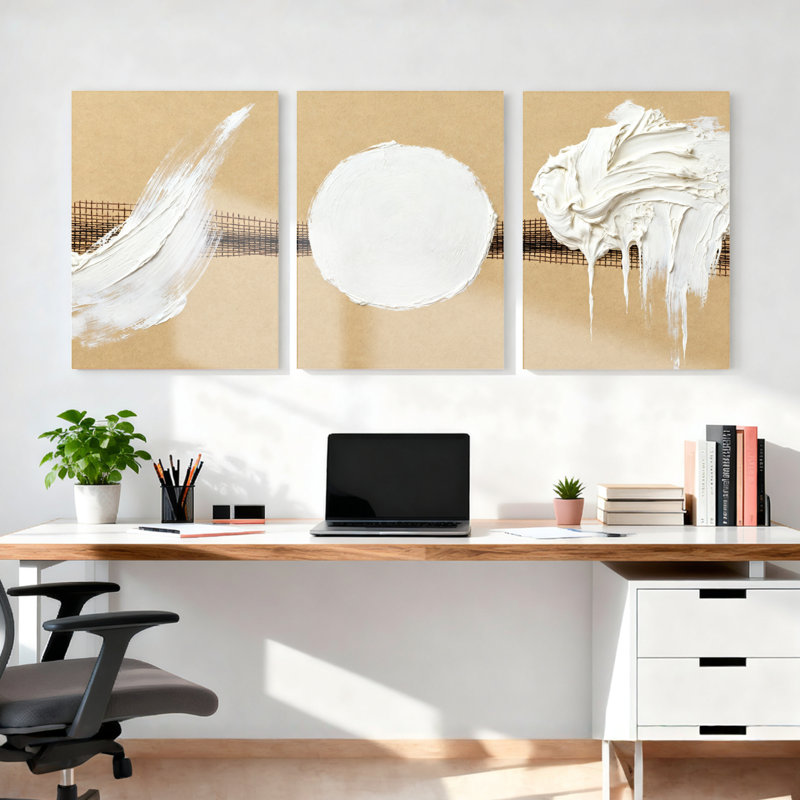 Ensemble de 3 toiles murales abstraites blanches à motifs de coups de pinceau et de cercles, H 18 po x l 36 po