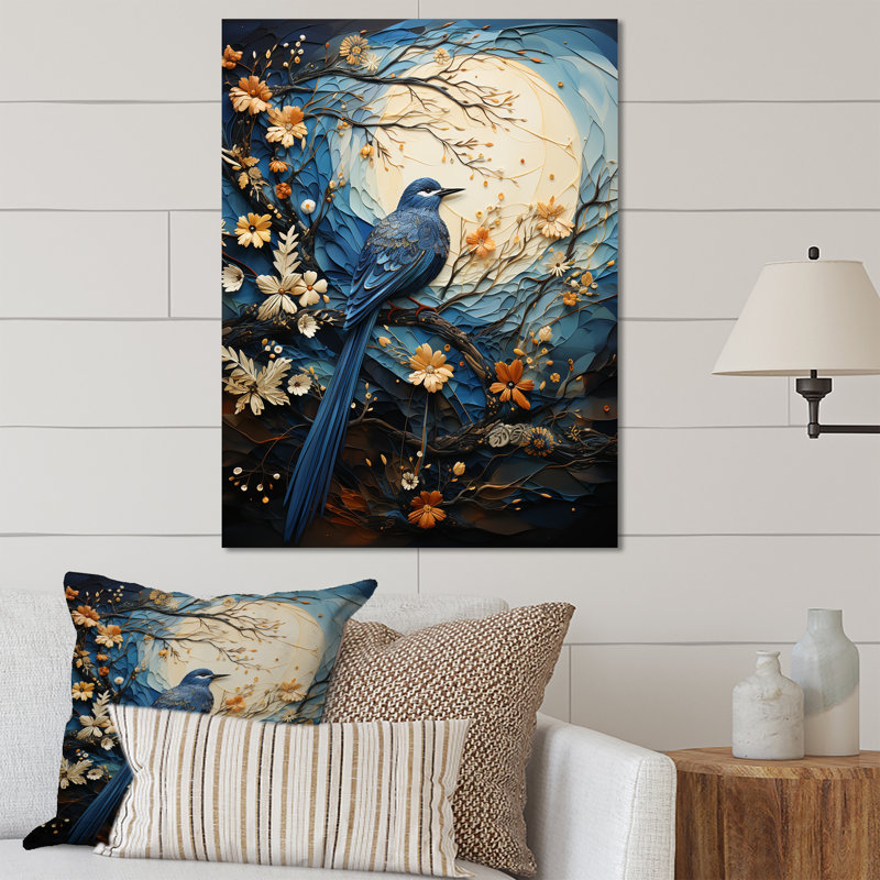 «Springtime Blue Bird Singing Blooms I», art mural oiseau en métal, H 32 po x l 16 po x P 1 po