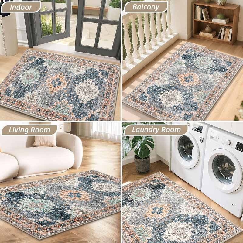 Vintage Medallion Low-Profile Indoor Doormat, Blue, 24''x36''