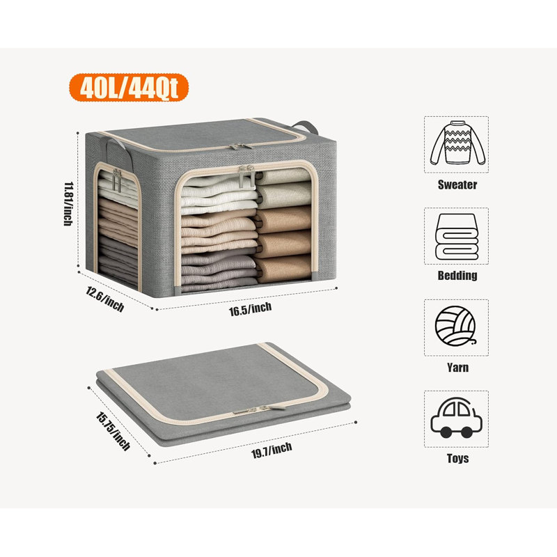 3 bacs de rangement pour vêtements avec cadre en métal, bac de rangement pliable pour les vêtements, bacs de rangement pour vêtements avec couvercle, boîte de rangement en lin avec fenêtre transparente, fermetures à glissière, poignées durables. (3 pièces, gris clair, 40L)