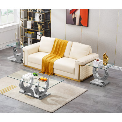 Ensemble de table basse en verre 3 pièces, ensemble de table de salon moderne avec 1 table basse et 2 tables de bout, ensemble de table basse et de table d'appoint en verre de luxe avec base en acier inoxydable en forme de 3C pour le bureau à domicile