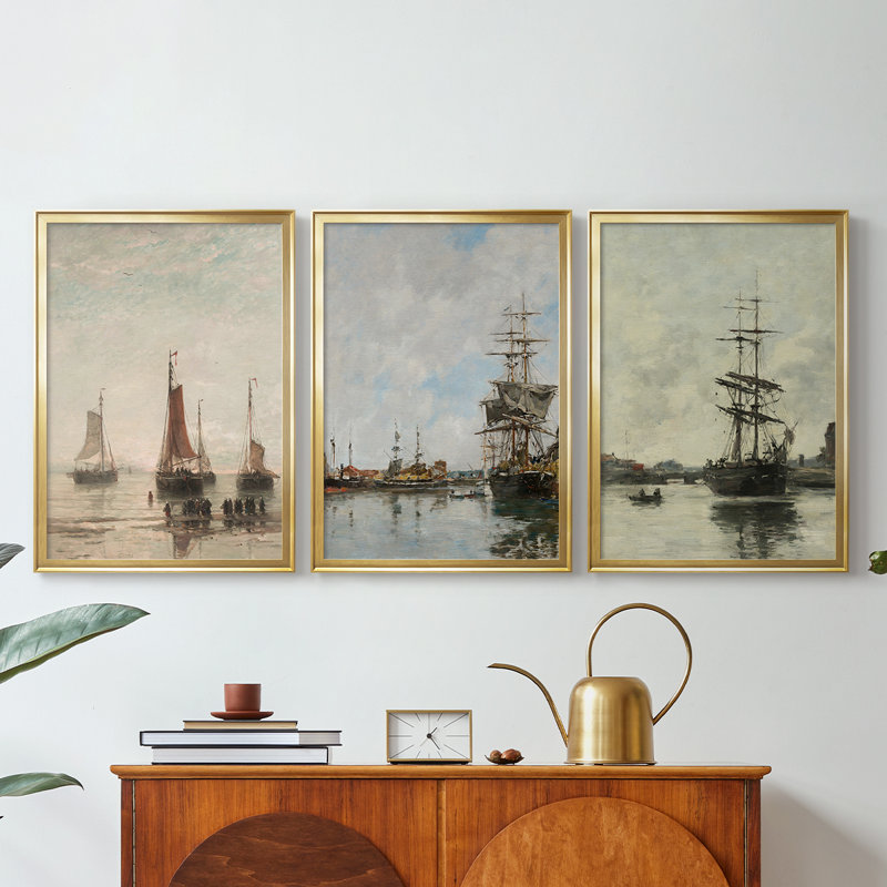 Reproduction nautique rétro XLI - Toile tendue avec châssis sur mesure - 3 pièces, H 21 po x l 30 po, Doré