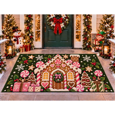 5’ x 7’ Outdoor Area Rug Christmas Gingerbread Gifts Green Pink Cream, Heavyweight Waterproof PVC Coil Loop Carpet, Quick Dry Indoor Outdoor Mat for Porch Deck Entryway Large Doormat