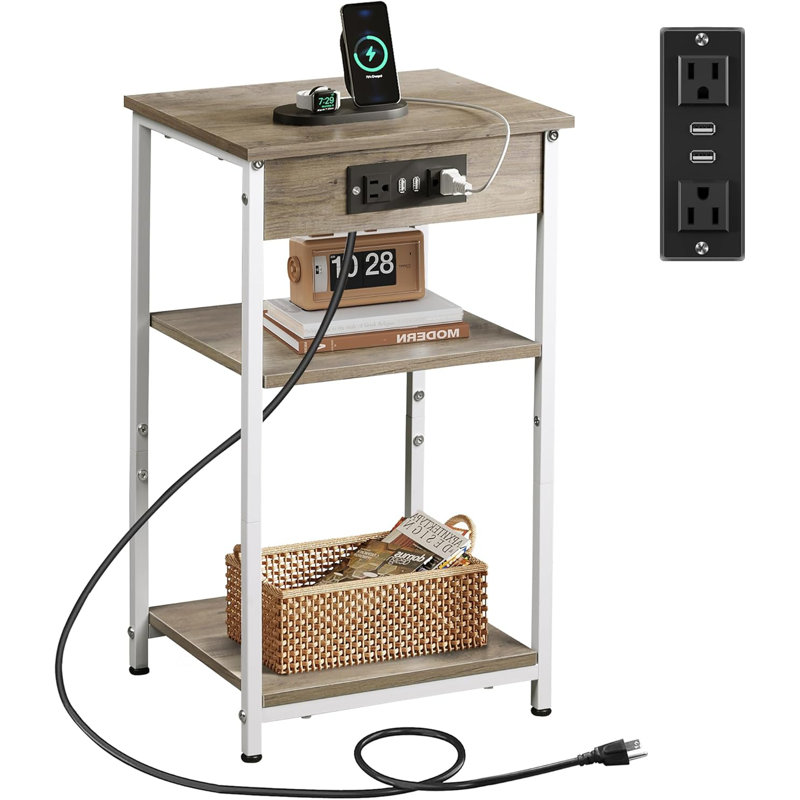 Carbin Nightstand with Power Outlets & USB for Bedroom, End Table with 3-Tier Adjustable Shelf, Farmhouse Side Table for Small Spaces, Couch Table For Living Room