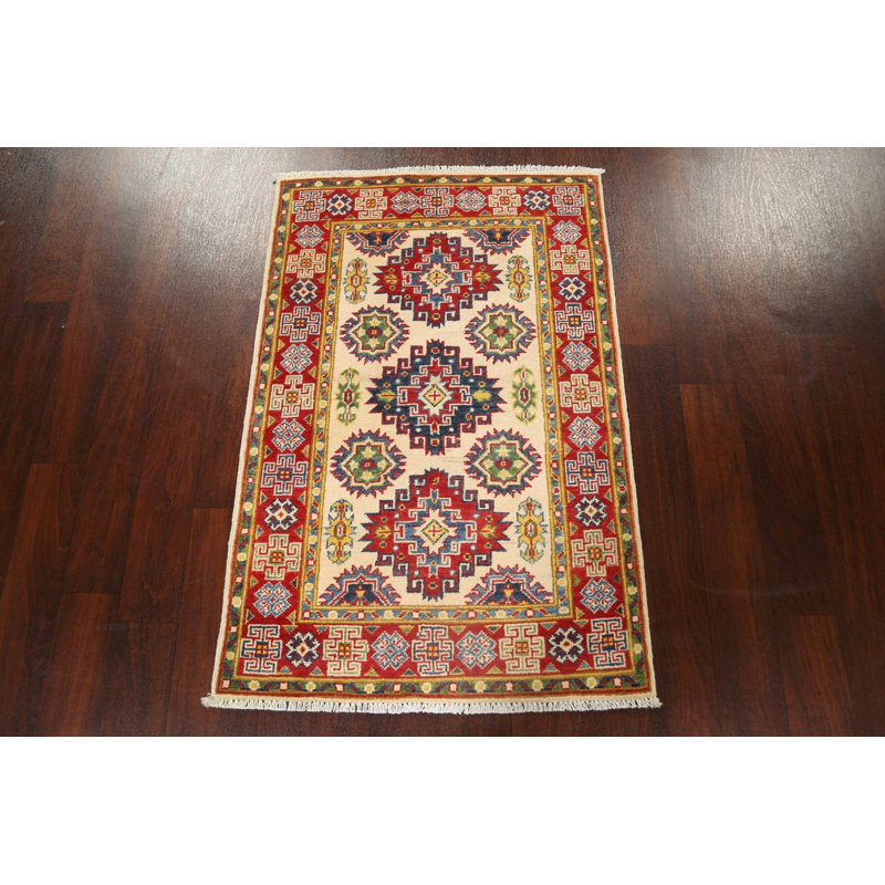 Tapis rouge / beige / bleu en laine noué à la main à motif géométrique 2 pi 7 po x 3 pi 11 po