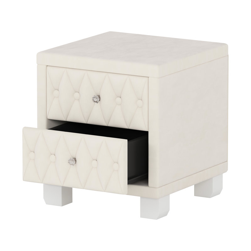 Poli, beige, table de chevet en velours, 2 tiroirs, cristal embelli, esthétique des boutons, amplement d'espace