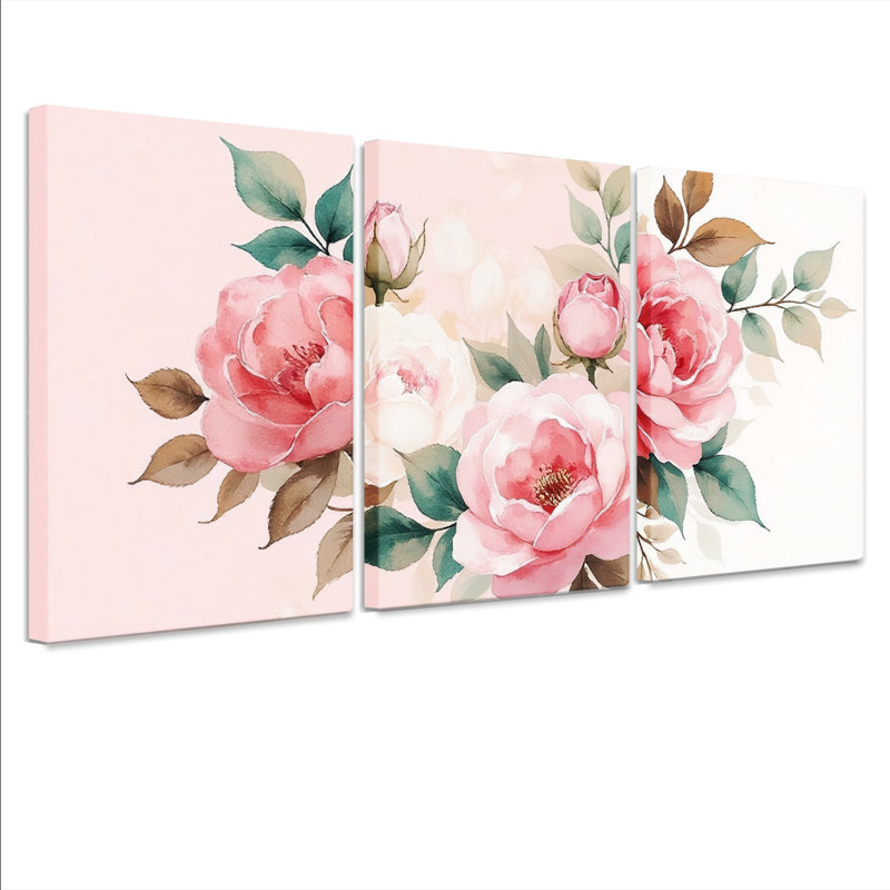 «Blush Pink Floral», reproduction d'art sur toile tendue sur toile (ensemble de 3), H 18 po x l 36 po