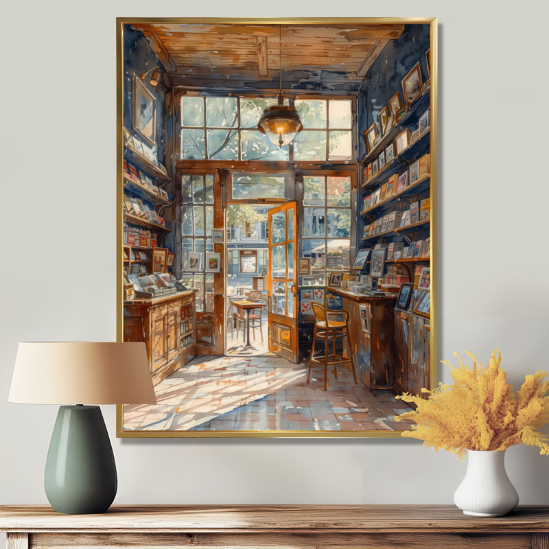 Café-restaurant jaune brun - Boutiques, Toile avec cadre flottant or, H 20 po x l 12 po x P 1 po
