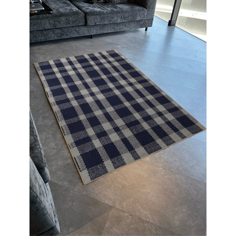 Tapis décoratif moderne à motif géométrique carré bleu-beige, Rectangle 4 pi 7,12 po x 6 pi 6,74 po