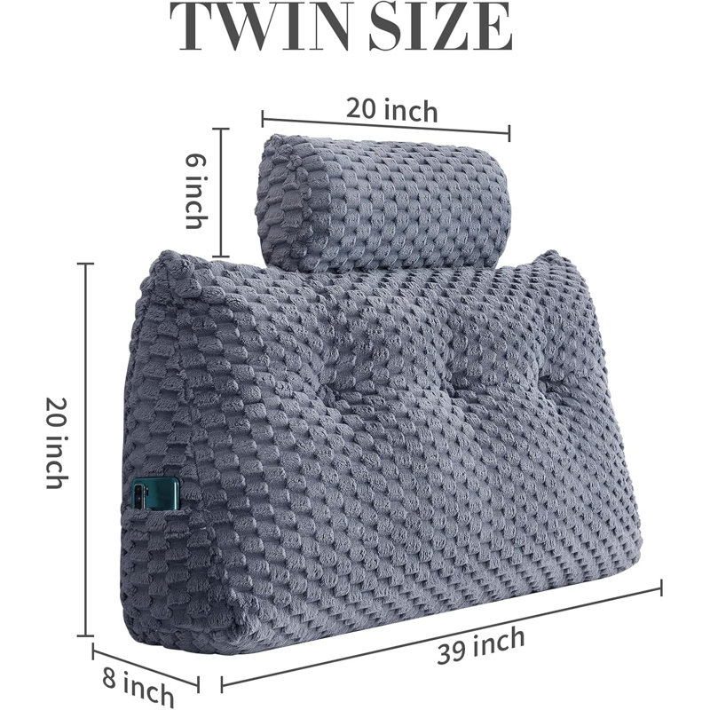 Velet Wedge Bed Rest with Head Roll Pillow, Gray, Triangular 20"H x 39"W