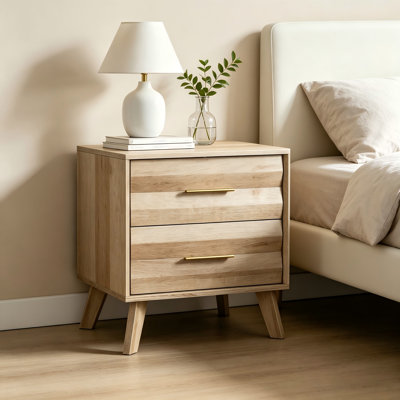 Table de chevet à 2 tiroirs couleur chêne, meuble de rangement de chambre à coucher de style moderne du milieu du siècle avec poignées en métal, unité simple
