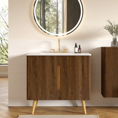 Meuble-lavabo 36 po en noyer rayé avec lavabo blanc de Carrare