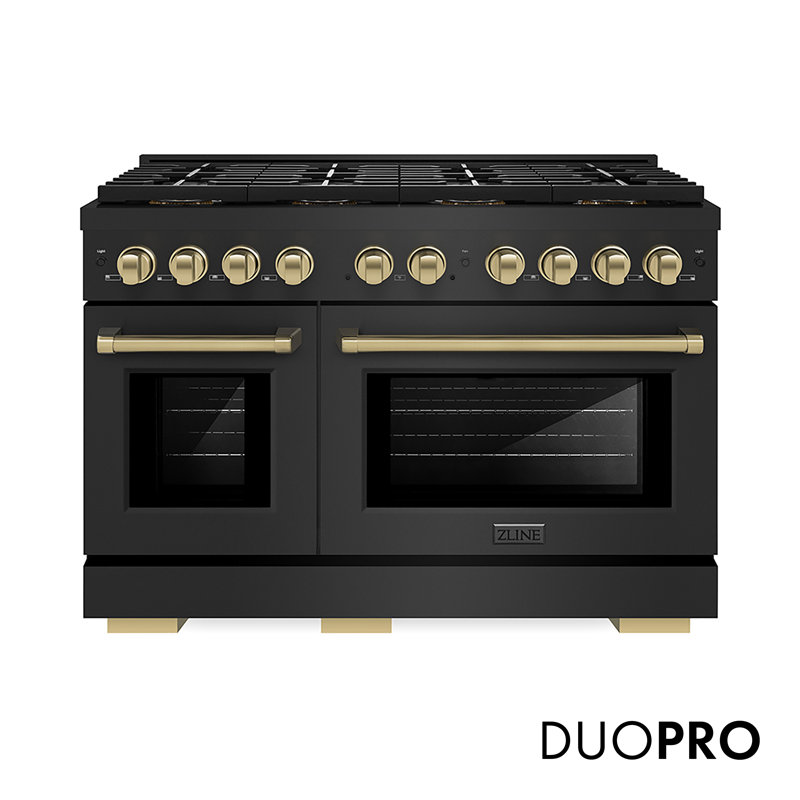 ZLINE Autograph 48 po. Cuisinière à gaz en acier inoxydable noir avec 8 brûleurs DuoPro et accents bronze, Bronze champagne