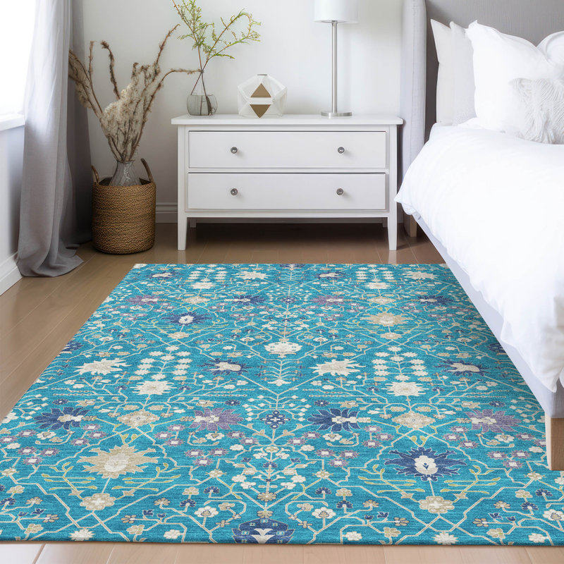 Teal Flat Woven Rectangular Synthetic Washable Rug
