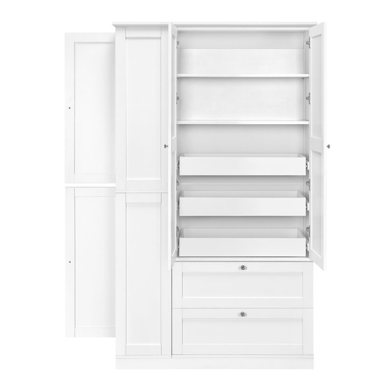 Grand garde-manger de style campagnard de 73,6 po avec 6 portes, 2 tiroirs, 3 plateaux coulissants, des tablettes réglables et des armoires latérales