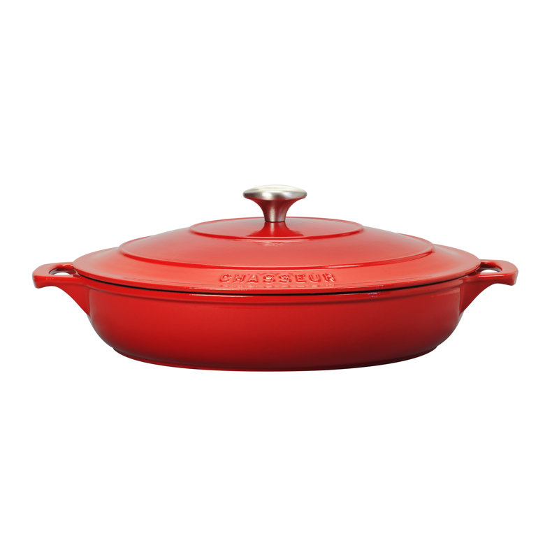 Red Enameled Cast Iron 2.6 Quart Oval Braiser with Lid