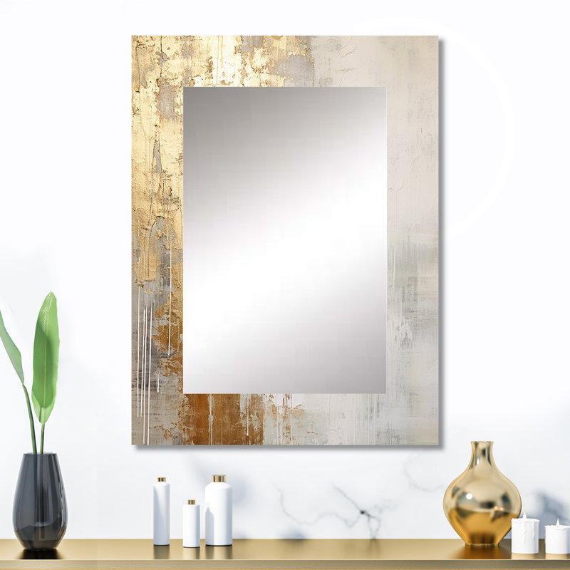 Minimal Gold And Beige Abstract River III - Northern Lights Large Mirror, Traditional Unique Wall Mirror Decor, Printed Metal Art