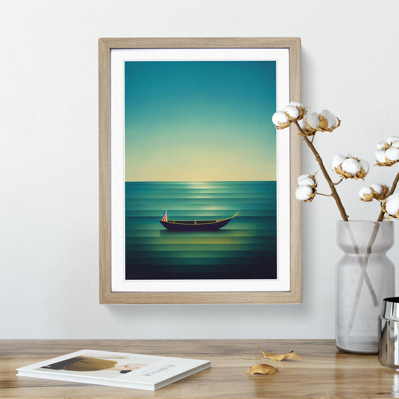 Boat On A Striped Ocean - Print, 66cm H x 48cm W x 2cm D, Oak Framed, White