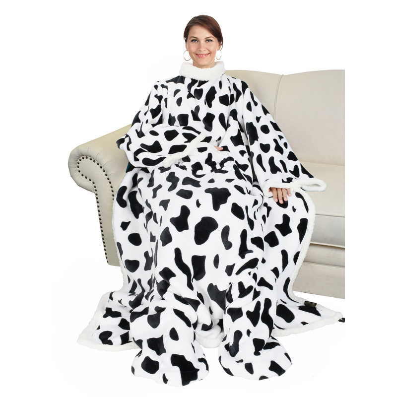 Catalonia Cow Print Sherpa Wearable Blanket with Sleeves and Foot Pockets