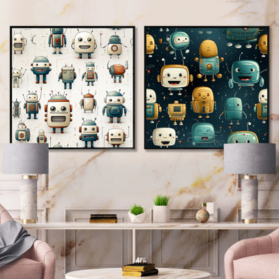Robot Pattern For Kids Betroom - Fantasy & Sci-Fi Square Collage Set Of 2
