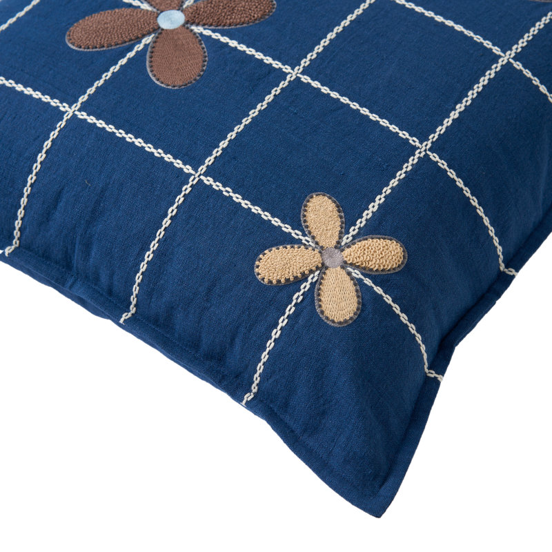 Grid & Flowers Pillow Cover 20x20 Inch, Navy;Brown