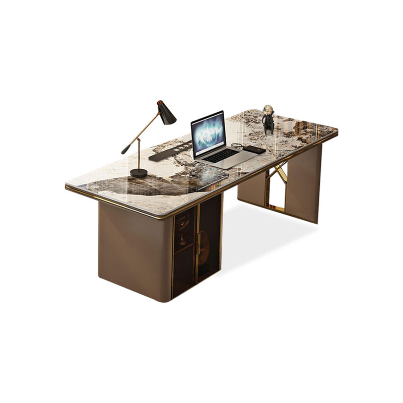 Coffee,Gold Rectangular Sintered Stone Executive desk with drawers desk, 29.53" H x 55.12" W x 31.5" D