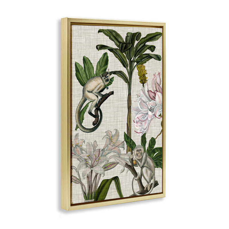 Toile flottante vintage encadrée «Monkey & Plants» par Vision Studio, H 31 po x l 21 po, Cadre flottant métallique doré