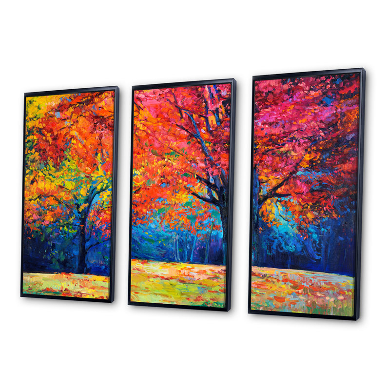 «Vibrant Red Tree In Autumn Landscape», peinture sur toile 3 pièces, H 28 po x l 36 po, Noir, noir, noir, noir