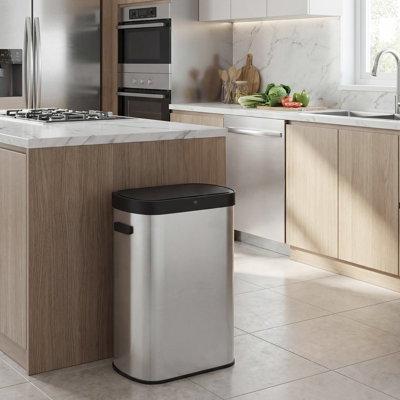 Automatic Sensor Trash Can, 13-Gallon (50 L) Kitchen Bin, PP Plastic, Stainless Steel, PE Plastic, Touch Button, Soft Close, Includes Liner Bags, Silver