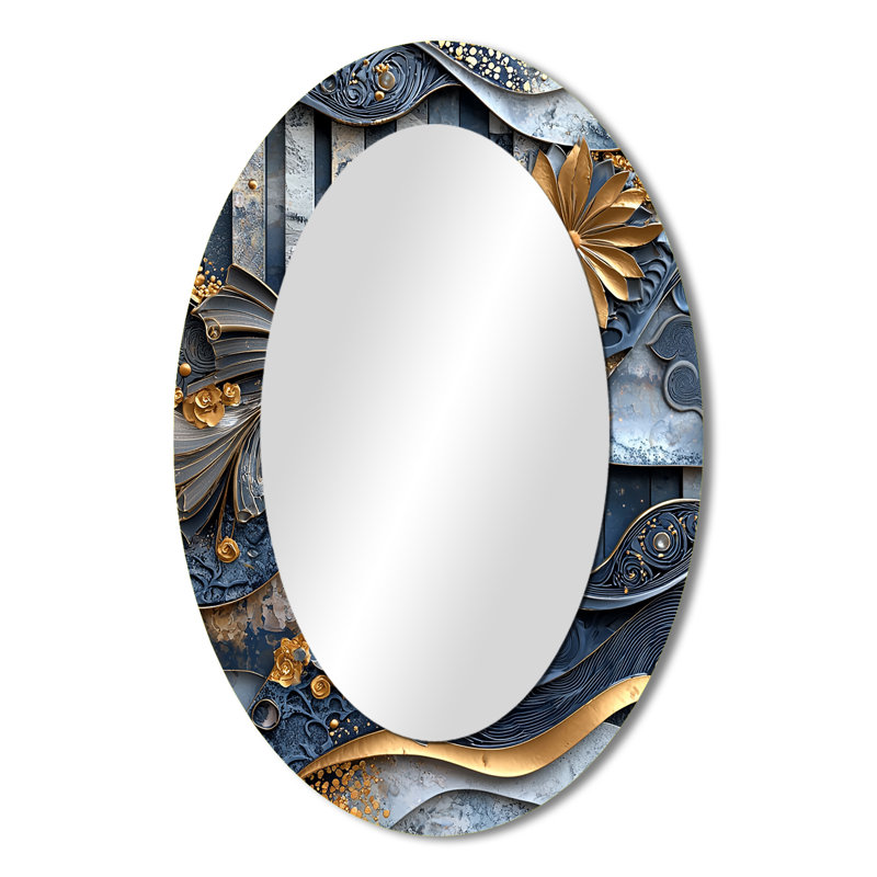 Carreaux abstraits bleus et gris côtiers III - Miroir décoratif ovale abstrait sur métal, 36 po x 24 po