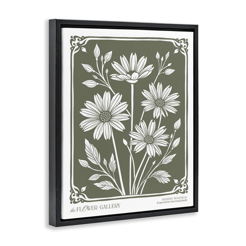 «Minimal Daisies on Green», art mural encadré sur toile flottante, H 21 po x l 17 po, Cadre flottant noir de jais