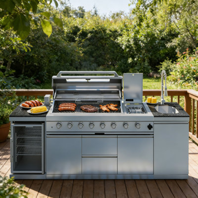 Îlot de cuisine avec barbecue à 96 brûleurs de 96 pouces et 85 000 BTU de luxe pour barbecue au gaz en acier inoxydable + réfrigérateur à vin compact + rôtissoire + comptoirs en granite + armoires et tiroirs de rangement