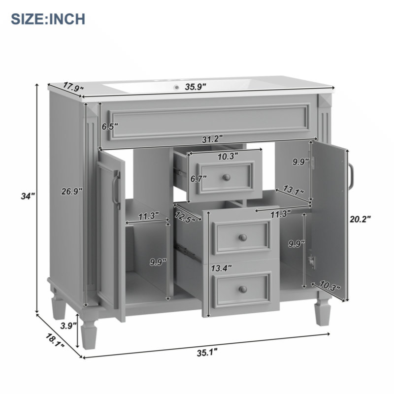 35.9'' Single Bathroom Vanity with MDF Top, Gray