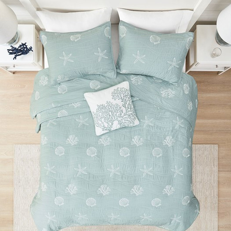 Très grand / très grand lit en coton. 4 pièces avec broderie. Remplir. Prélavé. Lavable à la machine. Beachy Vibes. Rembourrage de courtepointe Starfish And Decor. Charme côtier.
