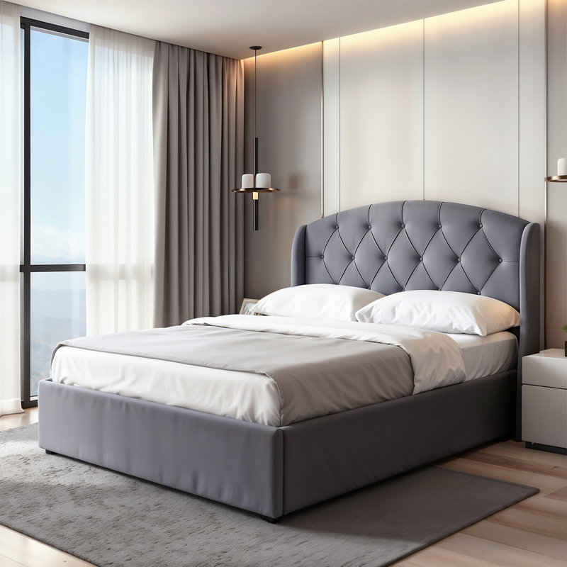 Balcer Upholstered Ottoman Lift Up Storage Bed, Grey, Diamond