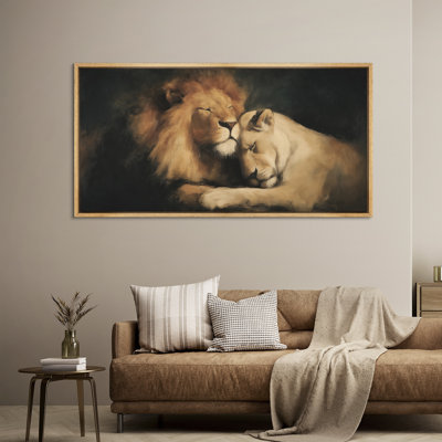 «Romantic Lion Couple», toile encadrée - Art animalier dans des tons chauds de terre
