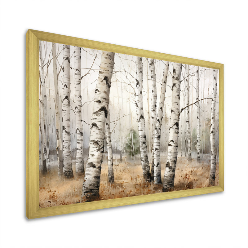 Minimalisme arbre Birchs Breath II - arbre bouleau, art mural, H 24 po x l 32 po x P 1 po, Cadre doré simple