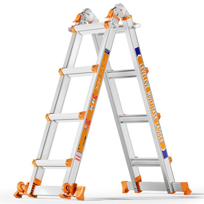 A Frame 4-Step Ladder With Stabilizer Bar & Wheels,330 Lbs Security Load Multi Position Ladder For Stairs Home Indoor Outdoor Roof