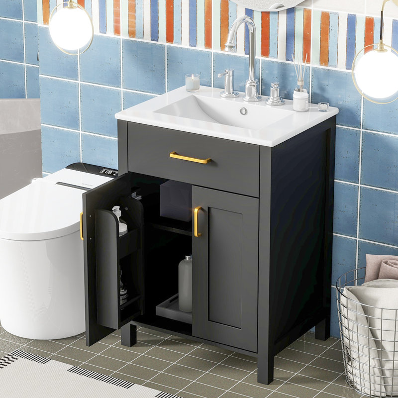 Meuble-lavabo 24 po avec lavabo en céramique - Meuble-lavabo moderne. Bois massif et fabrication. Armoire noire. Poignées dorées. 2 portes à fermeture en douceur. +