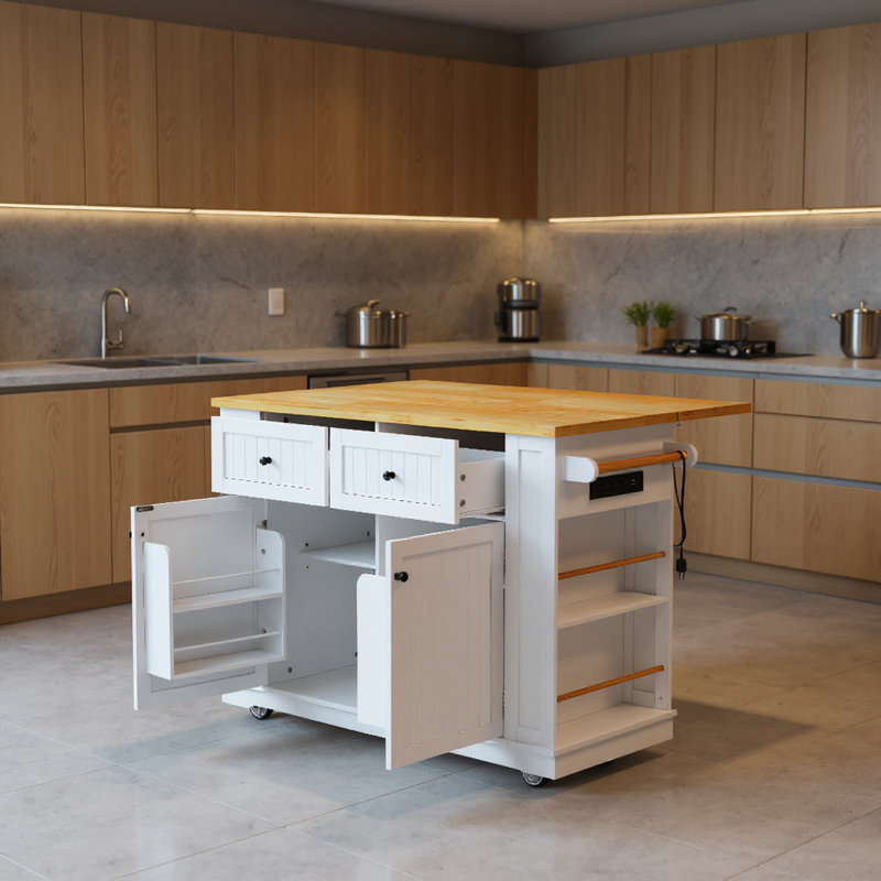 48" Kitchen Island With Drop-Leaf Countertop, Power Outlets, 2 Barn Doors With Internal Racks, 2 Drawers, Open Side Shelves, Rolling Storage Cart On 5 Wheels