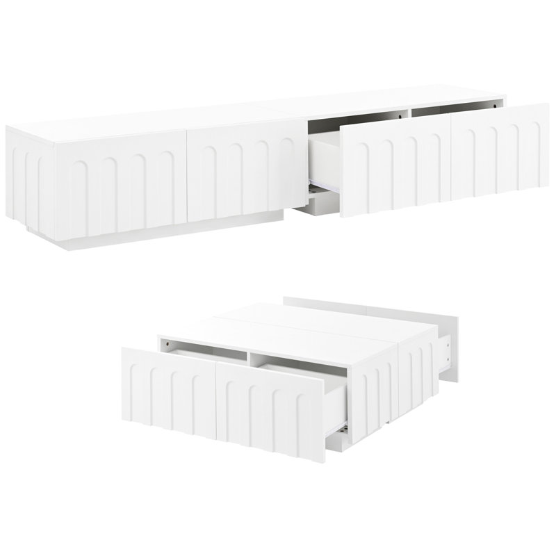 Meuble télé moderne blanc et table basse, conception arquée pour une esthétique, configuration polyvalente combinée, rangement spacieux dans 8 tiroirs, différents espaces de vie convenables, fait de style et de table,
