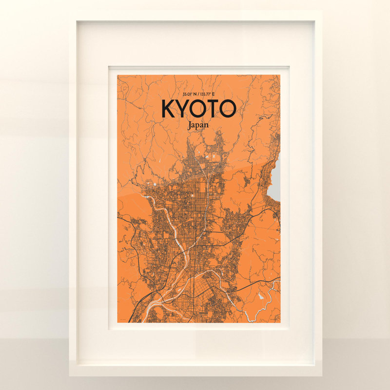 Kyoto City Map In Orange - No Frame Print, 27.6cm H x 19.7cm W x 0.05cm D