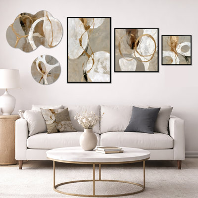 Ensemble de 5 panneaux d'art géométriques abstraits dorés et blancs surdimensionnés (100 po x 40 po)