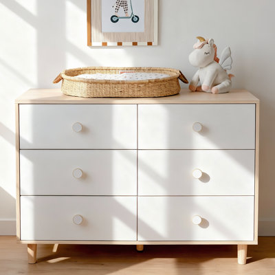 Commode pour bébé pour chambre de bébé, enfant et chambre à coucher - Commode en bois à 6 tiroirs avec pieds en bois massif, rangement pour vêtements et articles essentiels pour bébé