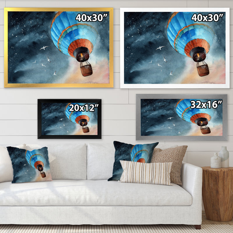 «Blue Air Balloon in Starry Night», peinture sur toile, H 34 po x l 44 po x P 1,5 po, Cadre noir