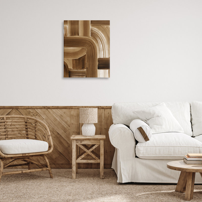 Art mural sur toile brun avec courbes peintes par Grace Popp, H 30 po x l 24 po