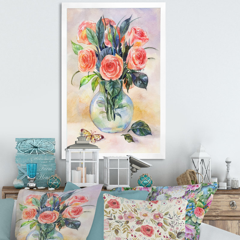 Bouquet rétro de roses roses - peinture sur toile, H 12 po x l 8 po x P 1 po, Cadre photo blanc