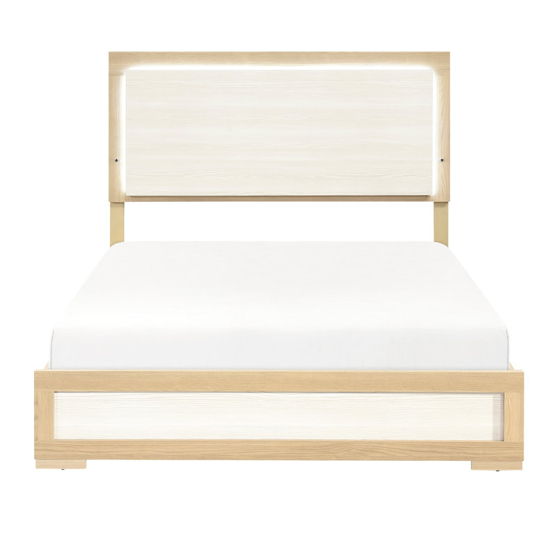 Contemporain, naturel et blanc, lit, tête de lit à panneau à DEL, papier 3D, bois d'ingénierie, mobilier de chambre à gratter, finition de sommier blanc, cadre de lit en bois, utilisation de teinture,