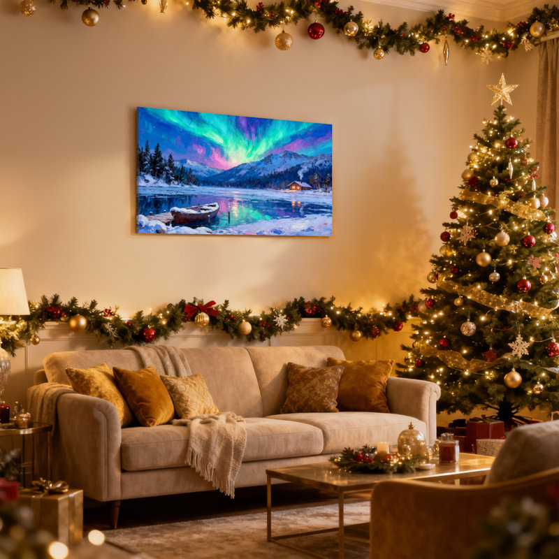 «Christmas Aurora Sky Mountain Lake Cabin Boat Snow Trees Reflection», ensemble de 3 impressions d'art sur toile